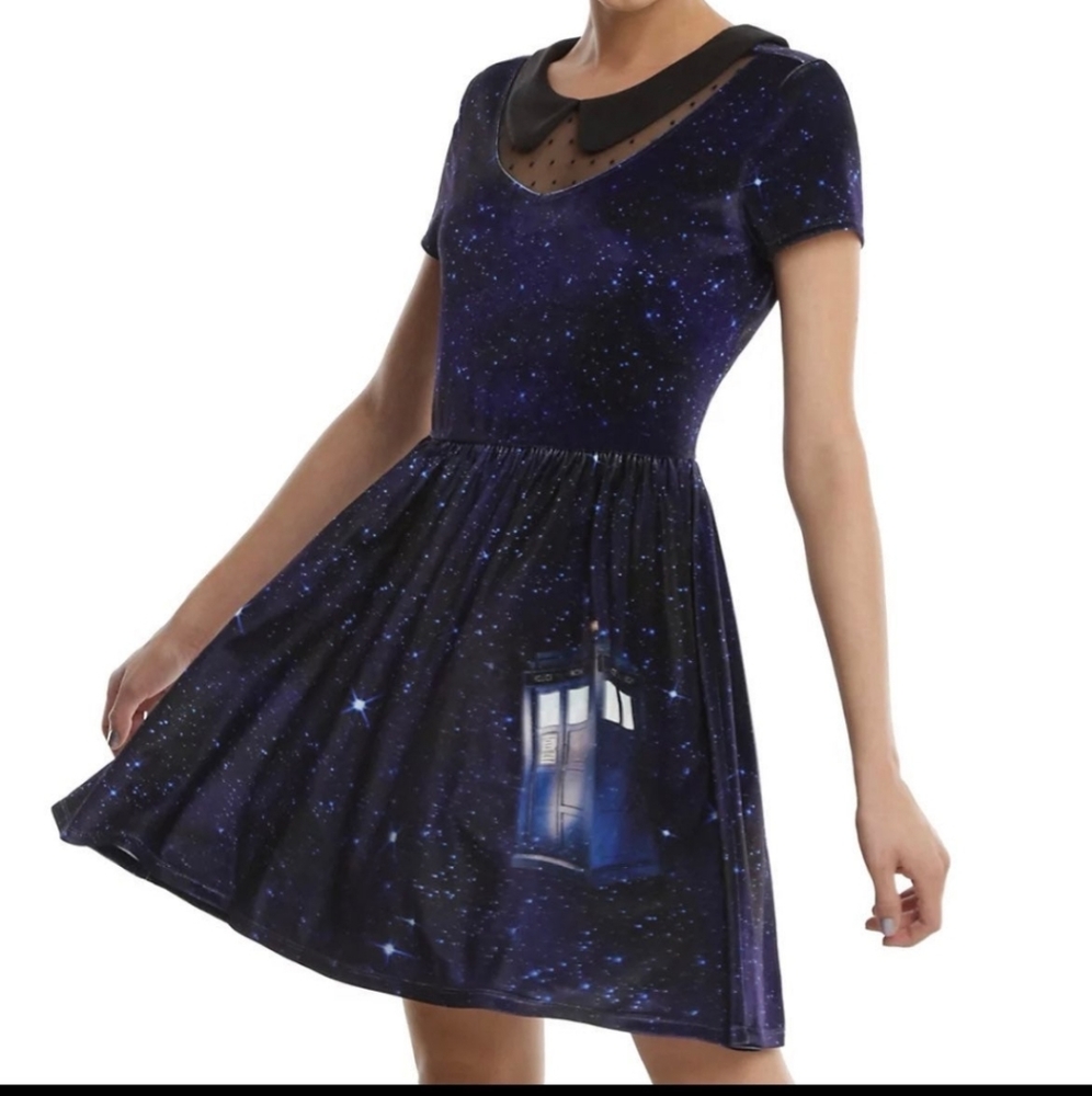 Hot Topic BBC Dr. Who Velvet Skater Mini Dress Blue Police Box Size Small